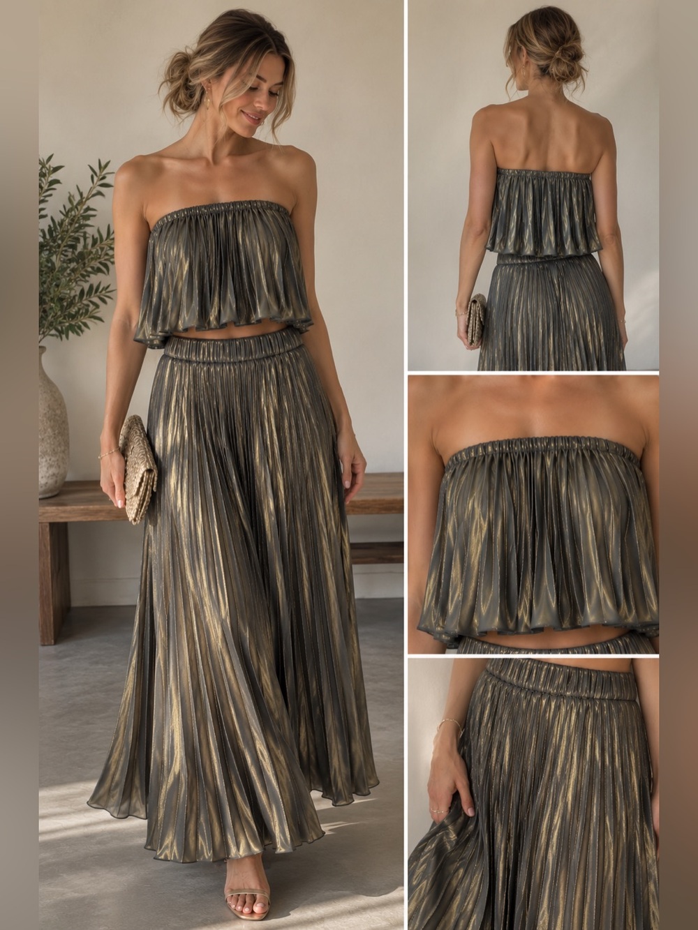 NWT Anthropologie Pleated Metallic Skirt Set 2PC Gold Olive Gray Size 4 Shimmer